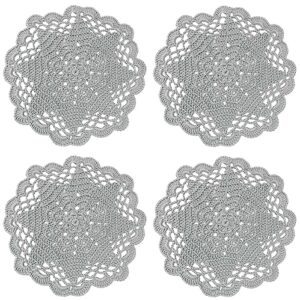 bibitime handmade crochet round lace doilies kitchen table placemats wedding tea flower vase cup mats (6" to 7",pack of 4pcs, light grey)