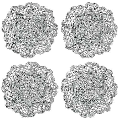 BIBITIME Handmade Crochet Round Lace Doilies Kitchen Table Placemats Wedding Tea Flower Vase Cup Mats (6" to 7",Pack of 4PCS, Light Grey)