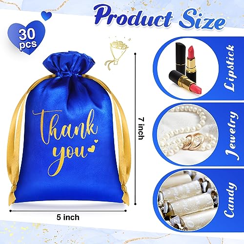 30 Pcs Thank You Satin Gift Bags 5 x 7 Inches Drawstring Jewelry Pouches Small Satin Candy Bags for Guest Wedding Birthday Baby Shower Business Party Favors Bags (Royal Blue)