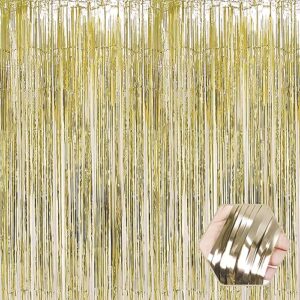 3 pack light gold foil fringe curtain backdrop, 3.28ft x 8.2ft metallic tinsel foil fringe streamer curtains for photo booth, halloween, christmas, birthday, wedding party decorations