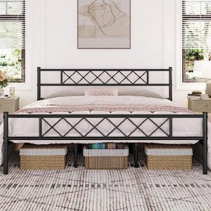 yaheetch california king metal platform bed frame mattress foundation with headboard and footboard, no box spring needed, under-bed storage, metal slat support, black