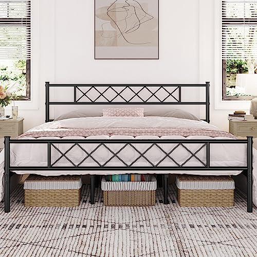 Yaheetch California King Metal Platform Bed Frame Mattress Foundation with Headboard and Footboard, No Box Spring Needed, Under-Bed Storage, Metal Slat Support, Black