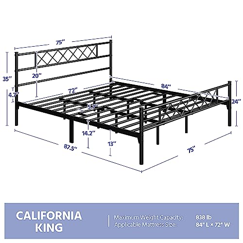 Yaheetch California King Metal Platform Bed Frame Mattress Foundation with Headboard and Footboard, No Box Spring Needed, Under-Bed Storage, Metal Slat Support, Black