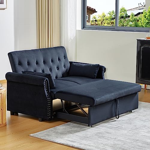 LEVNARY Velvet Small Convertible Sleeper Sofa, Pull-Out Loveseat Futon Sofa Bed, 3-in-1 Upholstered Twin Couch Bed with Adjustable Backrest and 2 Pillows for Small Spaces Living Room (Black)