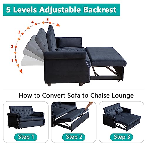 LEVNARY Velvet Small Convertible Sleeper Sofa, Pull-Out Loveseat Futon Sofa Bed, 3-in-1 Upholstered Twin Couch Bed with Adjustable Backrest and 2 Pillows for Small Spaces Living Room (Black)