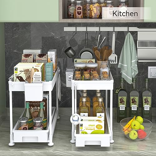 SANHSEHOME 2 Pack Under Sink Organizer Bathroom Cabinet Kitchen Organizers and Storage 2 Tier Multi Purpose Under Sink Storage Shelf Organizer with Pull-out Sliding Drawers Hooks Hanging Cup White