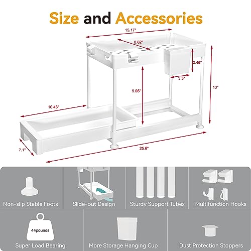 SANHSEHOME 2 Pack Under Sink Organizer Bathroom Cabinet Kitchen Organizers and Storage 2 Tier Multi Purpose Under Sink Storage Shelf Organizer with Pull-out Sliding Drawers Hooks Hanging Cup White