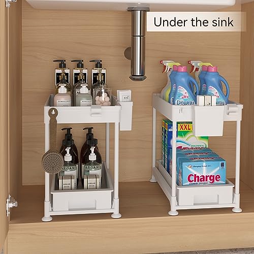 SANHSEHOME 2 Pack Under Sink Organizer Bathroom Cabinet Kitchen Organizers and Storage 2 Tier Multi Purpose Under Sink Storage Shelf Organizer with Pull-out Sliding Drawers Hooks Hanging Cup White