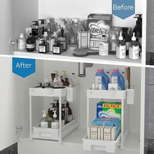 SANHSEHOME 2 Pack Under Sink Organizer Bathroom Cabinet Kitchen Organizers and Storage 2 Tier Multi Purpose Under Sink Storage Shelf Organizer with Pull-out Sliding Drawers Hooks Hanging Cup White