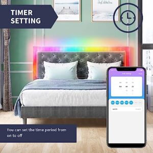 ZAFLY King Size Bed Frame, Velveteen RGB LED Bed Frame with Adjustable Headboard, Upholstered Mattress Frame with Button Tufted Headboard for Bedroom Light Gray