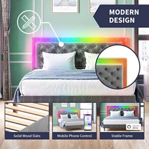 ZAFLY King Size Bed Frame, Velveteen RGB LED Bed Frame with Adjustable Headboard, Upholstered Mattress Frame with Button Tufted Headboard for Bedroom Light Gray