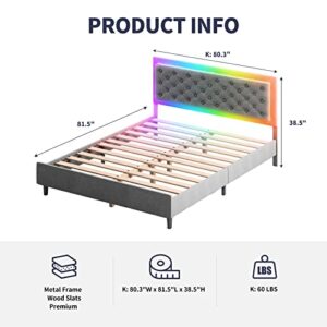 ZAFLY King Size Bed Frame, Velveteen RGB LED Bed Frame with Adjustable Headboard, Upholstered Mattress Frame with Button Tufted Headboard for Bedroom Light Gray