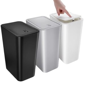 3 Pack Small Bathroom Trash Can with Lid - 10L/2.6 Gallon Slim Garbage Bin, Dog Proof Trashcan, Plastic Wastebasket for Kitchen/Bedroom/Office/Dorm, Fits Under Sink/Desk/Cabinet (Black&White&Grey)