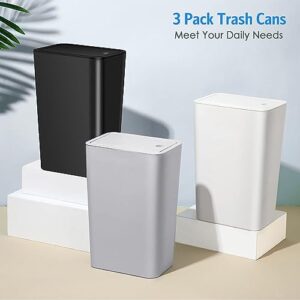 3 Pack Small Bathroom Trash Can with Lid - 10L/2.6 Gallon Slim Garbage Bin, Dog Proof Trashcan, Plastic Wastebasket for Kitchen/Bedroom/Office/Dorm, Fits Under Sink/Desk/Cabinet (Black&White&Grey)