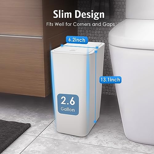 3 Pack Small Bathroom Trash Can with Lid - 10L/2.6 Gallon Slim Garbage Bin, Dog Proof Trashcan, Plastic Wastebasket for Kitchen/Bedroom/Office/Dorm, Fits Under Sink/Desk/Cabinet (Black&White&Grey)