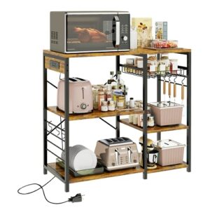easycom bakers rack with power outlet, microwave stand, kitchen storage with pull-out basket 6 s-shaped hooks, microwave cart for kitchen, coffee bar, office, rustic brown