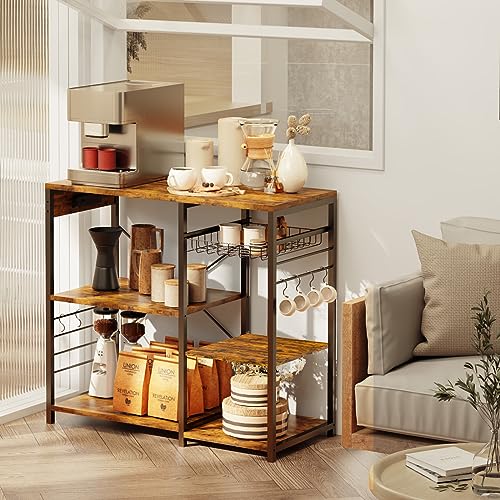 EasyCom Bakers Rack with Power Outlet, Microwave Stand, Kitchen Storage with Pull-Out Basket 6 S-Shaped Hooks, Microwave Cart for Kitchen, Coffee Bar, Office, Rustic Brown