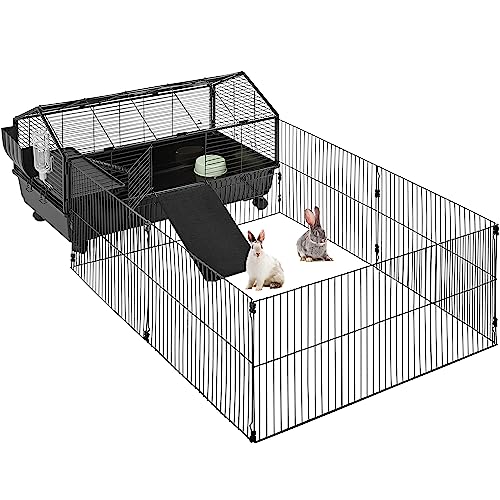 Yaheetech 39'' Rabbit Cage Rolling Small Animal Cage with Playpen/Ramps/Water Bottle/Hay Feeder/Bowl for Guinea Pigs, Chinchillas, Hedgehogs, Tortoises, Pet Cage for Rabbit Indoor, Black