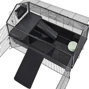 Yaheetech 39'' Rabbit Cage Rolling Small Animal Cage with Playpen/Ramps/Water Bottle/Hay Feeder/Bowl for Guinea Pigs, Chinchillas, Hedgehogs, Tortoises, Pet Cage for Rabbit Indoor, Black