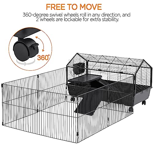 Yaheetech 39'' Rabbit Cage Rolling Small Animal Cage with Playpen/Ramps/Water Bottle/Hay Feeder/Bowl for Guinea Pigs, Chinchillas, Hedgehogs, Tortoises, Pet Cage for Rabbit Indoor, Black