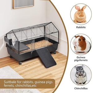 Yaheetech 39'' Rabbit Cage Rolling Small Animal Cage with Playpen/Ramps/Water Bottle/Hay Feeder/Bowl for Guinea Pigs, Chinchillas, Hedgehogs, Tortoises, Pet Cage for Rabbit Indoor, Black