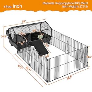 Yaheetech 39'' Rabbit Cage Rolling Small Animal Cage with Playpen/Ramps/Water Bottle/Hay Feeder/Bowl for Guinea Pigs, Chinchillas, Hedgehogs, Tortoises, Pet Cage for Rabbit Indoor, Black