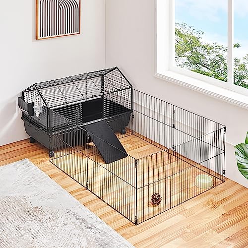 Yaheetech 39'' Rabbit Cage Rolling Small Animal Cage with Playpen/Ramps/Water Bottle/Hay Feeder/Bowl for Guinea Pigs, Chinchillas, Hedgehogs, Tortoises, Pet Cage for Rabbit Indoor, Black