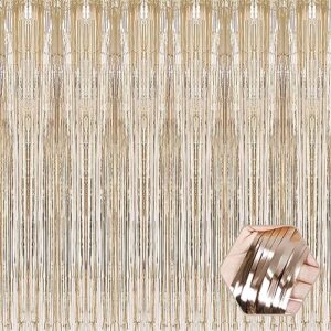 6 Pack Champagne Gold Foil Fringe Curtain Backdrop, 3.28Ft x 8.2Ft Metallic Tinsel Foil Fringe Streamer Curtains for Photo Booth, Halloween, Christmas, Birthday, Wedding Party Decorations