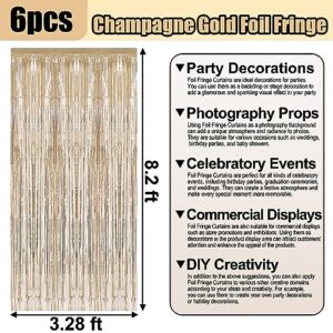 6 Pack Champagne Gold Foil Fringe Curtain Backdrop, 3.28Ft x 8.2Ft Metallic Tinsel Foil Fringe Streamer Curtains for Photo Booth, Halloween, Christmas, Birthday, Wedding Party Decorations