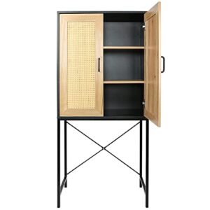 origeture storage cabinet with doors and shelves, 3-tier buffet cabinet sideboard wood cabinet, rattan console table cupboard with x-shaped steel bracket for dining room, kitchen, living room, bedroom