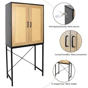 Origeture Storage Cabinet with Doors and Shelves, 3-Tier Buffet Cabinet Sideboard Wood Cabinet, Rattan Console Table Cupboard with X-Shaped Steel Bracket for Dining Room, Kitchen, Living Room, Bedroom