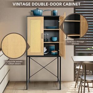 Origeture Storage Cabinet with Doors and Shelves, 3-Tier Buffet Cabinet Sideboard Wood Cabinet, Rattan Console Table Cupboard with X-Shaped Steel Bracket for Dining Room, Kitchen, Living Room, Bedroom