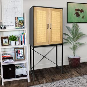 Origeture Storage Cabinet with Doors and Shelves, 3-Tier Buffet Cabinet Sideboard Wood Cabinet, Rattan Console Table Cupboard with X-Shaped Steel Bracket for Dining Room, Kitchen, Living Room, Bedroom