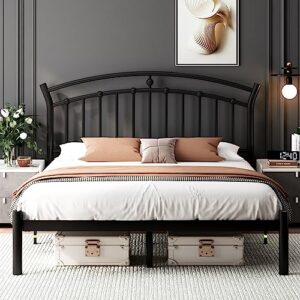 feonase full size metal platform bed frame with retro headboard, hardened steel tube, 12" under-bed storage, no box spring needed, easy assembly, black