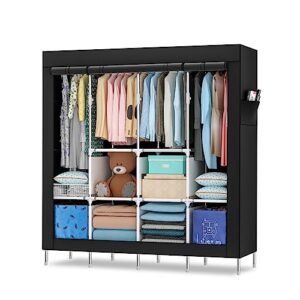 mihoho portable wardrobe, 67 inch closet for hanging clothes, metal clothing rack organizer, free standing wardrobe with black oxford fabric cover, 67" wx65 hx17.7 d (classic black, king-size)