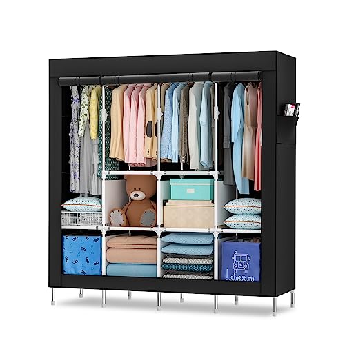 Mihoho Portable Wardrobe, 67 Inch Closet for Hanging Clothes, Metal Clothing Rack Organizer, Free Standing Wardrobe with Black Oxford Fabric Cover, 67" WX65 HX17.7 D (Classic Black, King-Size)