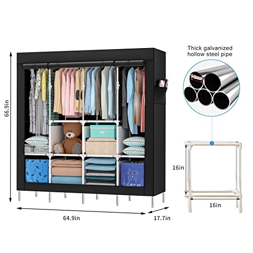 Mihoho Portable Wardrobe, 67 Inch Closet for Hanging Clothes, Metal Clothing Rack Organizer, Free Standing Wardrobe with Black Oxford Fabric Cover, 67" WX65 HX17.7 D (Classic Black, King-Size)