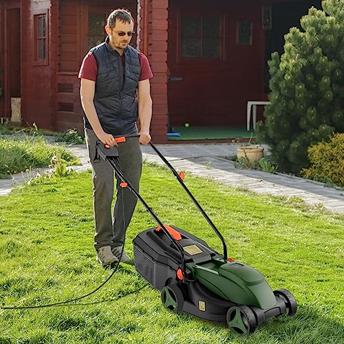 Safstar Electric Corded Lawn Mower Clearance, 12-AMP 14-Inch Walk-Behind Lawnmower with Collection Box, 3 Adjustable Height Position, Self Locking Function, 2-in-1 Push Lawn Mower for Backyard Patio