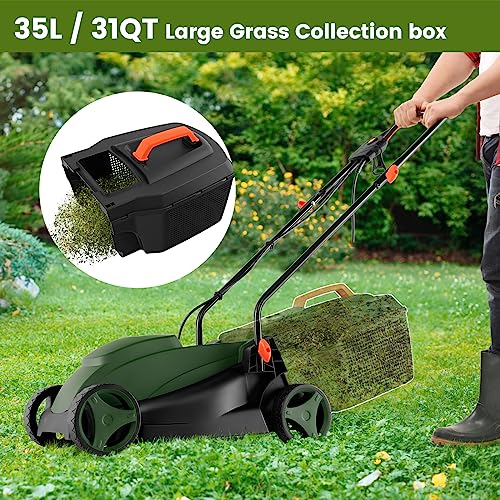 Safstar Electric Corded Lawn Mower Clearance, 12-AMP 14-Inch Walk-Behind Lawnmower with Collection Box, 3 Adjustable Height Position, Self Locking Function, 2-in-1 Push Lawn Mower for Backyard Patio
