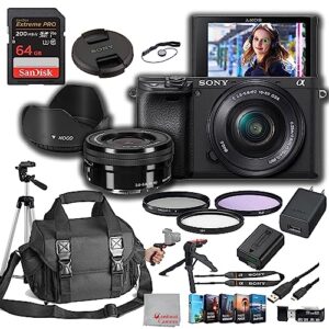 sony a6400 mirrorless camera with 16-50mm lens 64gb extreem speed memory, case. tripod, filters, hood, grip, & professional video & photo editing software kit