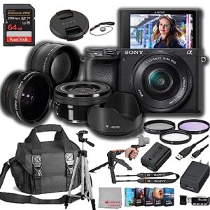 sony a6400 mirrorless camera with 16-50mm lens 64gb extreem speed memory,.43 wide angle & 2x lenses, case. tripod, filters, hood, grip, & professional video & photo editing software kit