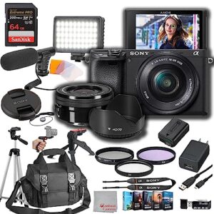 sony a6400 mirrorless camera with 16-50mm lens 64gb extreem speed memory,videl microphone, led video light, case. tripod, filters, hood, grip, & professional video & photo editing software kit