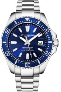 stuhrling original men's watches pro dive watch sports watch with 42 mm case blue dial stainless steel silver bracelet diving watch for men (blue)