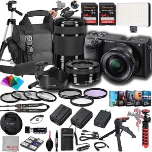 sony a6400 mirrorless camera with 16-50mm + 55-210mm lenses, 128gb extreem memory,.43 wide angle & 2x lenses, case. tripod, filters, hood, spare battery & charger, editing software kit -deluxe bundle