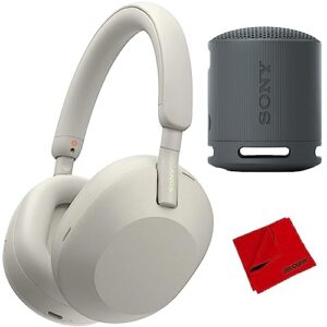 sony wh-1000xm5 wireless industry leading noise canceling headphone (silver) bundle with xb100 compact bluetooth wireless speaker and microfiber cloth