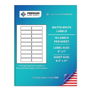 premium label supply white sticker address labels – 3” x 1" – laser/inkjet compatible – (18 labels/sheet), 25 sheets – 450 total adhesive labels