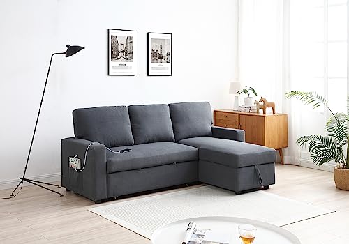 uhome Upholstered Sleeper Sofa with USB Ports sectional Couch Reversible Sofabed, Full XL, Black