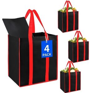 bodaon 4pk collapsible kitchen reusable grocery bags with plastic bottom, the utility tote bag bulk, large folding/foldable reusable shopping cart for groceries, storage totes heavy duty (black)