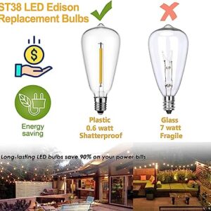 25 Pack Edison LED Light Bulbs, 0.6 watt E12 Screw Base Replacement Bulbs, LED Shatterproof Bulbs ST38 Clear Plastic Light Bulbs for Outdoor Patio ST38 String Lights, Warm White