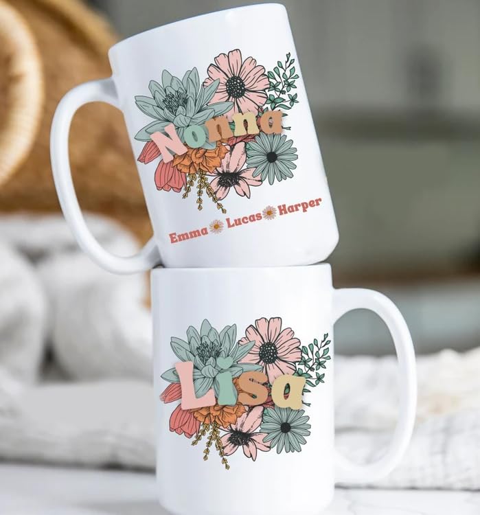 Personalized Travel Mug for Nonna Coffee Mug for Grandma New Nonna Birthday Cup Mothers Day Gift for Nonna with Kids Name Custom Insulated Floral Mug White Mug Nonna Mug New Nonna Gift